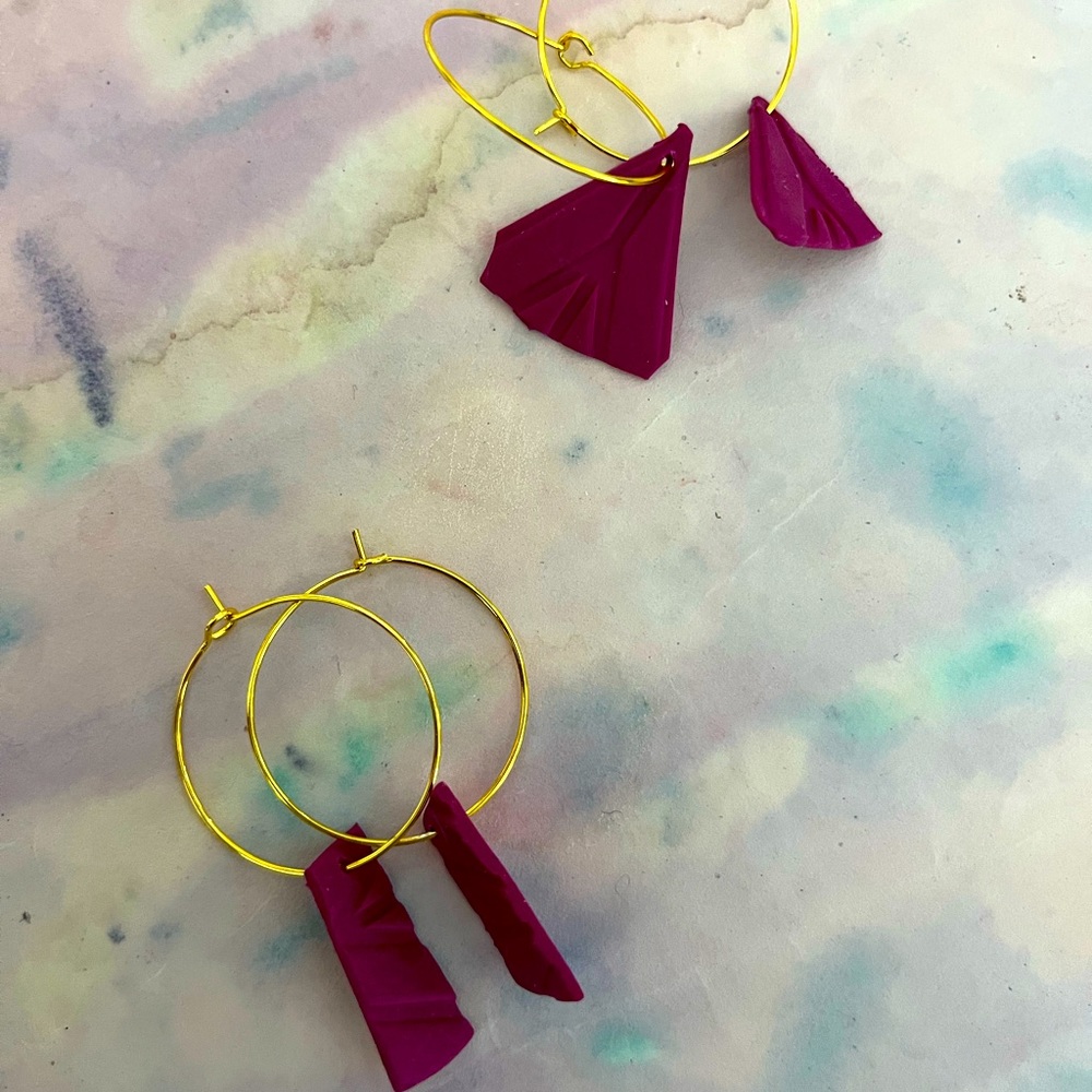 Fuschia clay charm hoops, hypoallergenic, fan or rectangle available!